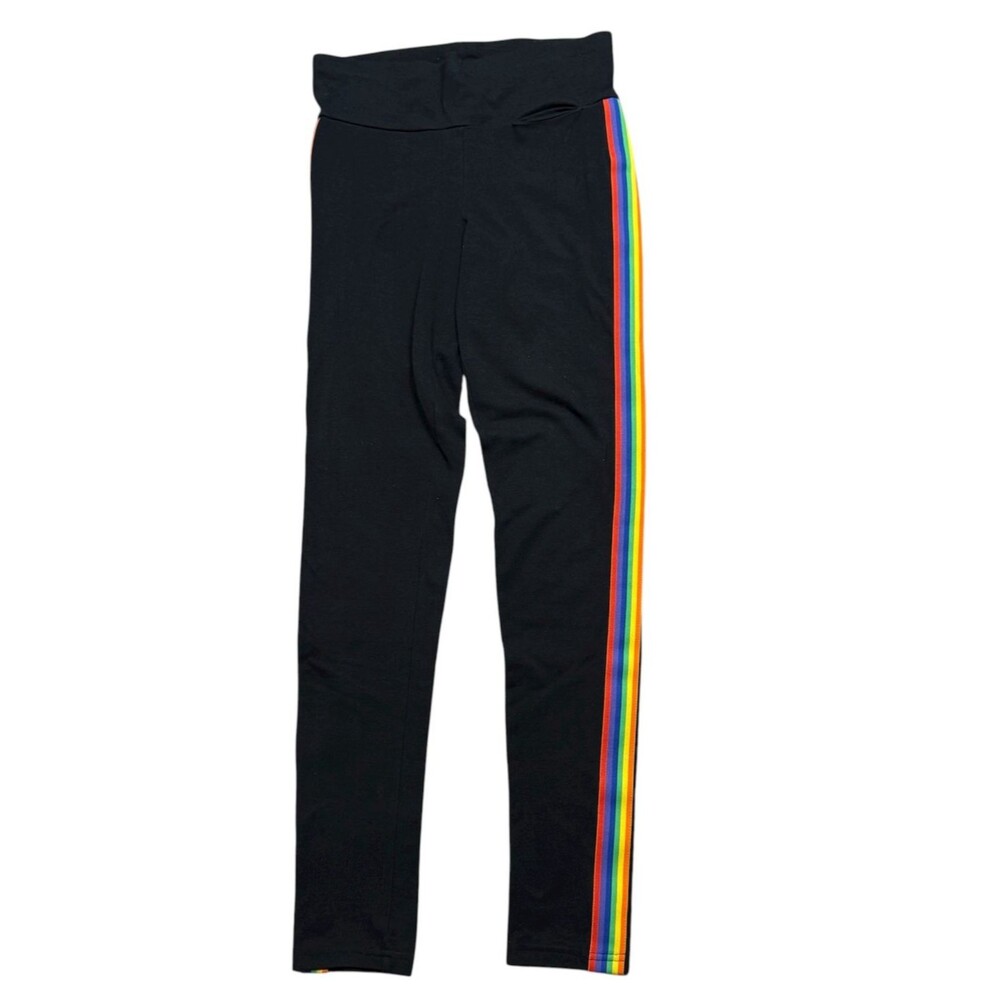 Rainbow Racer Stripe Black Leggings Medium‎ Wide Waist Midrise Pride Rainbowcore